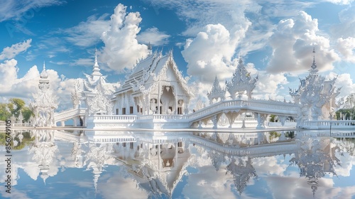 The White Temple in Chiang Rai, Thailand, known as Wat Rong Khun, with its stunning architecture reflected in a serene pond.