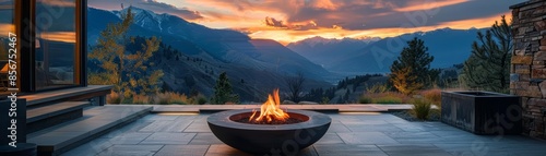 Modern patio with fire pit overlooking majestic mountain landscape during a stunning sunset, perfect for relaxation and outdoor gatherings.