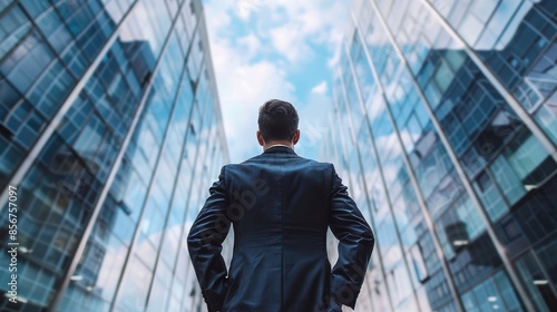 An image of a successful, well-dressed businessman in suit standing in front of a skyscraper as he thinks about the future and imagines the possibilities for his business.