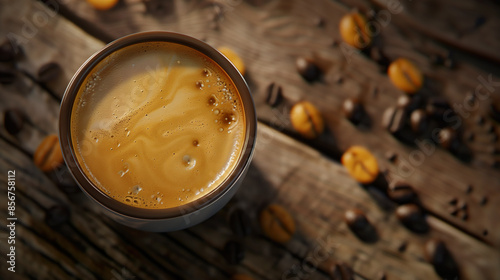 Coffee cup and coffee beans on a wooden table. Coffee foam with a shape pattern during a coffee break