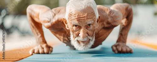 Elderly man doing push-ups in a gym, determination and grit, fitness and endurance, committed to health and wellness