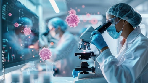 A team of researchers in an oncology lab closely examining cancer cells under a high powered microscope