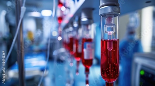 Close up view of a bone marrow transplant procedure taking place in a hospital room featuring various medical equipment and devices used in the process such as fluid filled vials tubes