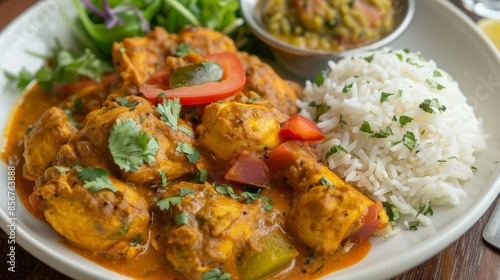 A savory curry dish with an island twist featuring Jamaican jerk chicken Indian es and a side of fluffy basmati rice.