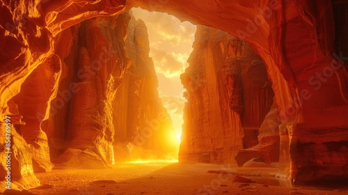 Beautiful sunset in a desert canyon with golden light illuminating the red rock formations, creating a serene and breathtaking landscape.