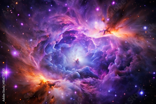 Magnificent purple nebula with glowing star at the center. Vast cosmic clouds and brilliant colors creating a mesmerizing space scene.