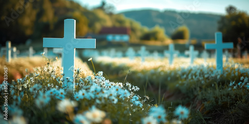 White crosses in neat lines at a war cemetery on a Bright sunny blue sky day