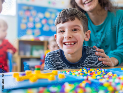 Joyful Autistic Girl Learning with Teacher in Classroom - Inclusive Education and Supportive Environment