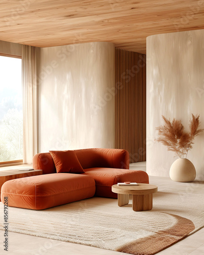 Terra cotta corner sofa in room with beige stucco walls. Minimalist interior design of modern living room.