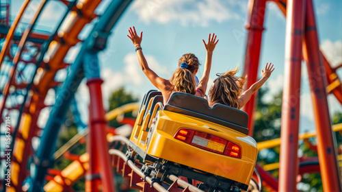 Two women riding roller coaster at theme park with their arms in the air.