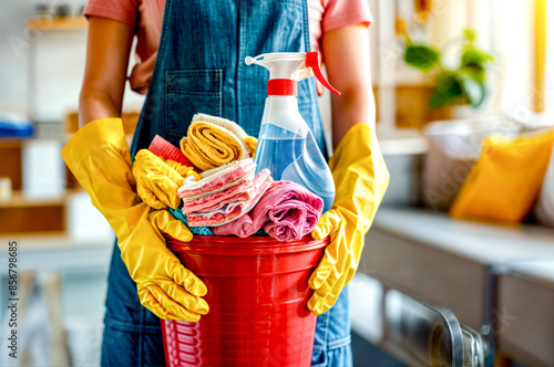 Person holding red bucket filled with cleaning supplies and spray bottle.