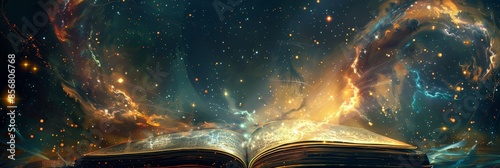 Cosmic energy emanating from ancient book - A magical book with cosmic energy swirls and starry background suggesting celestial magic