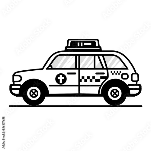 Vector illustration of a medical emergency vehicle, featuring a detailed outline of an ambulance in side view.