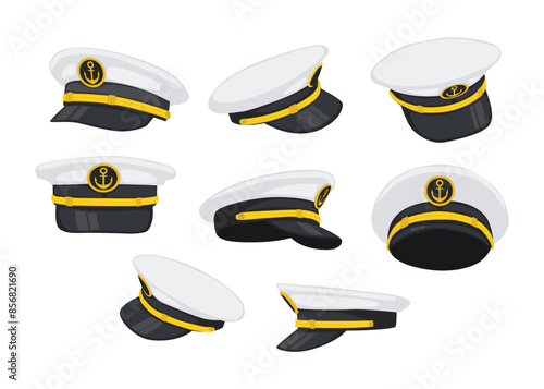 Set of sailor hat collection with different view or angle, Navy Captain's Hat, with anchor and bay leaves emblem, gold plating, Sea cruise concept, sailor cap sign, captain sailor hat, vector.