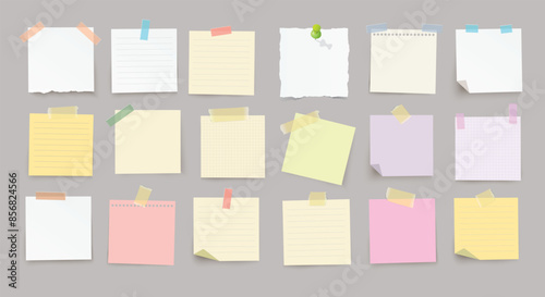 Large set of vector realistic note papers with pin and adhesive tape with diffrent colors on transparent background.