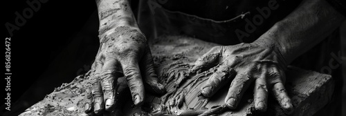 The hands of a sculptor delicately shape a block of clay creating a masterpiece with every touch. Black and white art