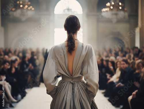 Model in long luxury dress on catwalk, fashion show