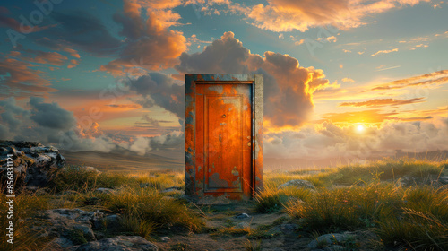 Surreal Landscape with Rusty Door at Sunset. An old rusty door stands in a surreal landscape with a stunning sunset and dramatic clouds. The vibrant colors create mysterious and enchanting atmosphere.