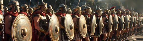 A Line of Roman Legionnaires Armed with Swords and Shields - A close up view of a line of Roman legionnaires in full armor, carrying their shields and swords.