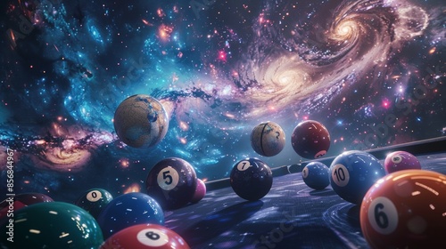 Billiard balls in triangle in space, fantastic futuristic concept