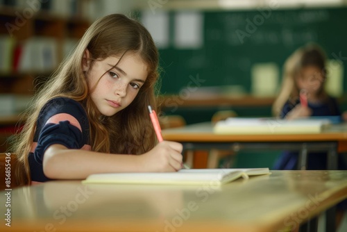 Schoolgirl writing a dictation during a class in elementary school. Elementary student writing a dictation in a notebook during a class in the classroom.