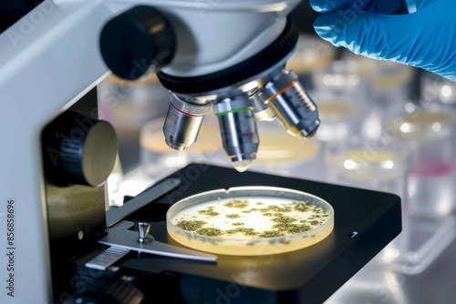 microbiology, scientist viewing cultures growing in petri dishes under an inverted microscope in the laboratory