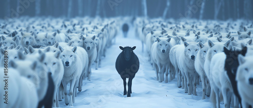 Black sheep walking against the direction of white wolves in a dense forest, representing nonconformity and independence, Black sheep, White wolves, Nonconformity and independence