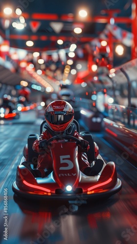 A go-kart racer wears a red helmet and drives on an indoor track