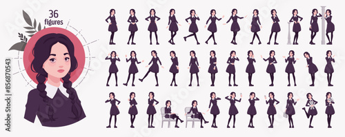 All black outfit pale girl, goth long sleeved dress character set, bundle, long pigtail braids, charm costume, cool uniform look poses, emotion, life mood, diverse life situations. Vector illustration