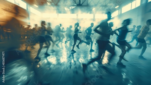 Blurry outlines of participants engage in an indoor bootcamp challenge.