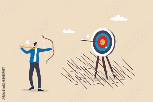 Practice develop success, effort to improve and achieve target, mistake, failure and discipline to keep practice and reach goal concept, businessman practicing archery with mistakes until success.
