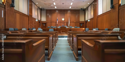 Background of empty courtroom. Blurred courtroom backdrop, nobody