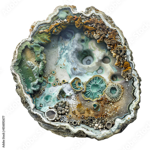 Close-up of a colorful geode slice showcasing stunning crystal formations and intricate mineral textures.