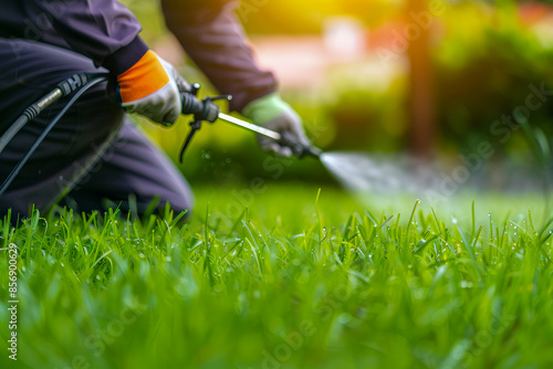 Worker spraying pesticide on a green lawn outdoors for pest control