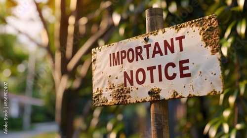 Rustic 'Important Notice' Sign in Sunlit Outdoor Setting with Copy Space