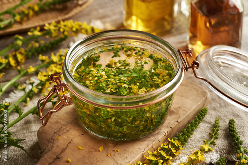 Preparation of herbal tincture with fresh agrimony flowers - macerating the plant in alcohol