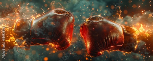 Two fiery boxing gloves clashing with intense energy, symbolizing competition, power, and explosive strength in a dynamic sports moment.