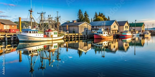 Fishing cannery industry along the harbor with reflection in water and fishing boats along the shore , fishing, cannery, industry