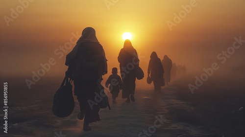 Where is our world going? The harsh reality of refugees worldwide reflects a fractured humanity. Silhouettes of hope: refugees walking towards the rising sun