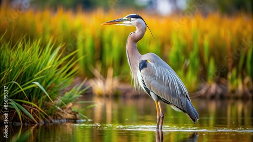 Majestic great heron standing gracefully in a natural wetland habitat, heron, bird, wildlife, nature, wetland, feathers