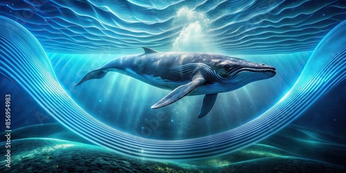 Underwater giant whale emitting 52 Hz frequency ripple with hologram effect in deep sea tranquility rendering, underwater