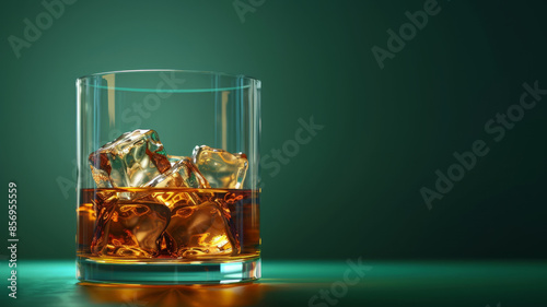 A whiskey glass filled with ice and amber liquid on green background.