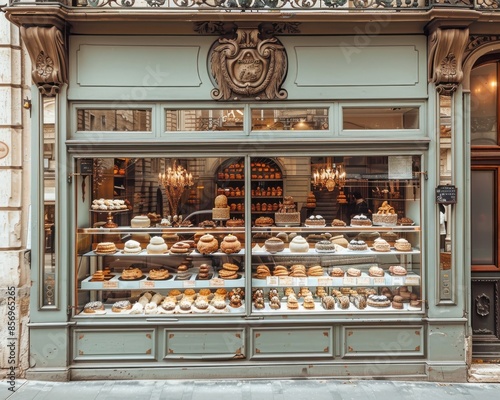 Picturesque French patisserie with a vintage storefront, elegant glass display case, and an array of delectable artisanal pastries