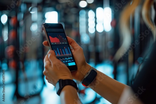 person using fitness app at gym tracking their activity