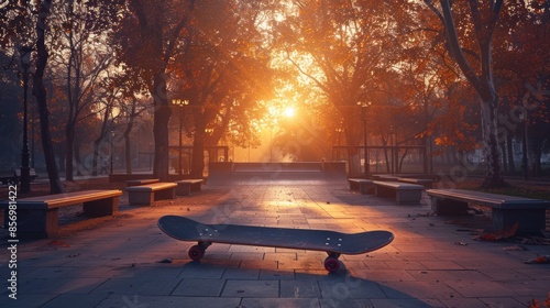 Golden Hour Skate Park with Empty Skateboard and Autumn Atmosphere