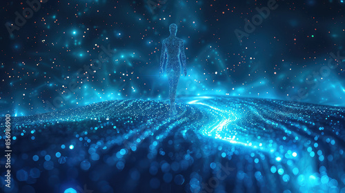 A person's back is on the glowing blue energy particles