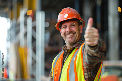 Smiling builder showing thumbs up on construction site background