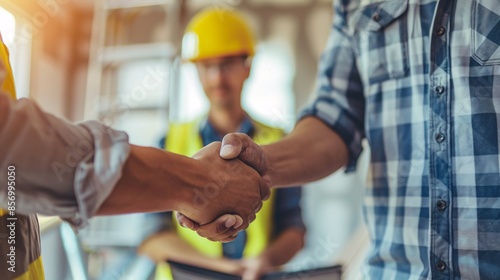 owner and construction work shaking hands in front of their new house.