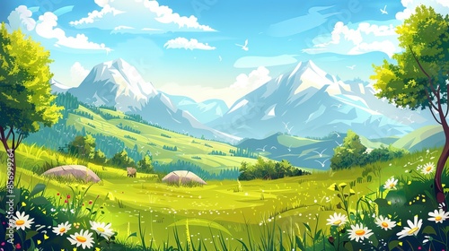 Cartoon vector panoramic scenery with grassland near hills, blue sky with clouds. summer landscapes