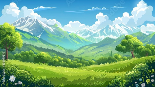 Cartoon vector panoramic scenery with grassland near hills, blue sky with clouds. summer landscapes
